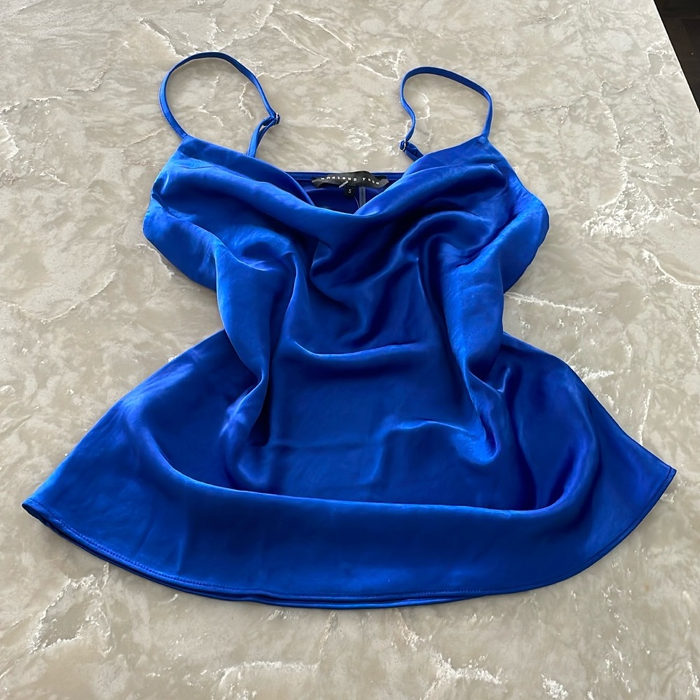 NEW Blue satin camisole heavy quality low cowl neck fitted waist stunning cami